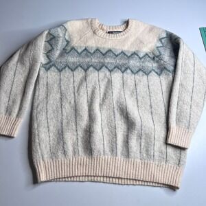Samband of Iceland Vintage 100% Wool Fair Isle Sweater Mens XL Cream Grey‎ Blue